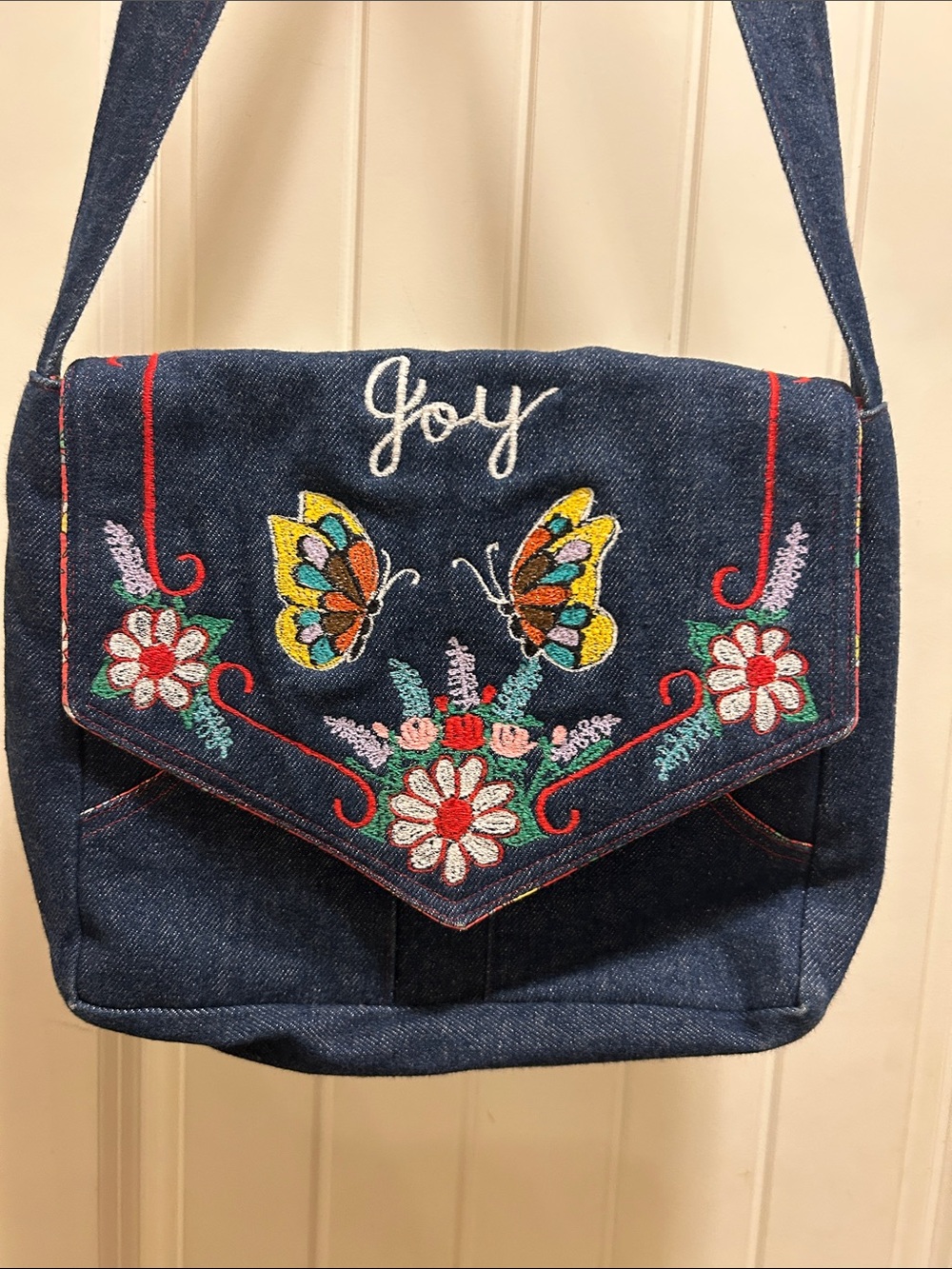 Vintage Embroidered Denim Shoulder Bag with Butterfly Detail